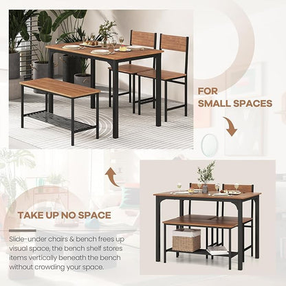 NAFORT Dining Table Set for 4 with Bench, Industrial Kitchen Table and Chairs, Rustic Brown Wood & Black Metal 4-Piece Dining Room Set for Apartment, Small Space, Kitchen, Restaurant