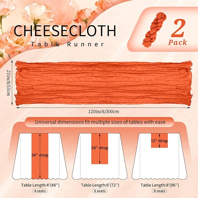 Showgeous 2 Pack Orange Cheesecloth Table Runners Boho Wedding Decor | Rustic - Image 2