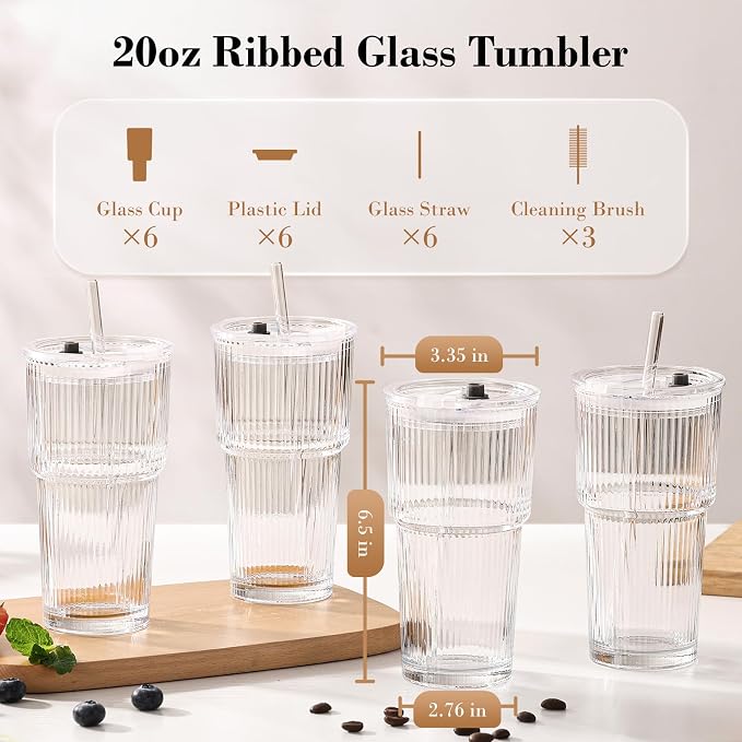 20oz Iced Coffee Cups with Lids, Ribbed Glass Cups with Lids and Straws | Thick - Image 6