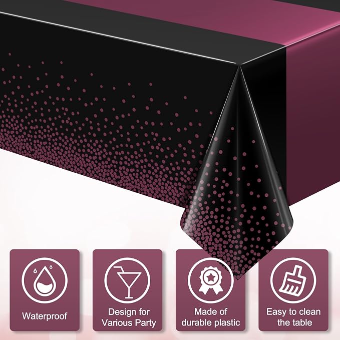 3Pcs Black and Maroon Purple Tablecloth Party Decorations, Plastic Black Table - Image 3