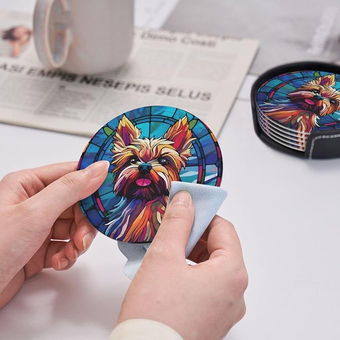 Yorkie Stained Dog Breed Glass Art Leather Drinks Coasters - Image 4