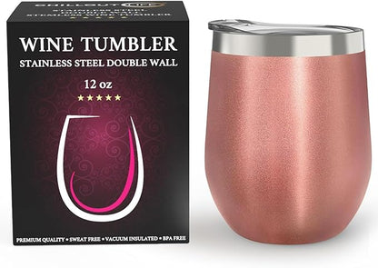 CHILLOUT LIFE 12 oz Stainless Steel Wine Tumbler with Lid - Double Wall Vacuum Insulated Wine Cup Glass Keeping Cold & Hot for Coffee, Champagne, Cocktails, Ice Cream - Rose Gold