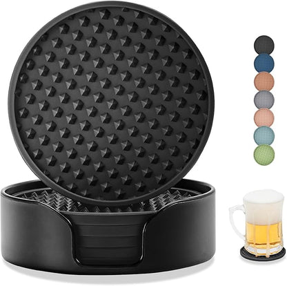 Coasters for Drinks, Silicone Coasters Set of 6 with ABS Holder, Outdoor Coaster for Coffee Table, Non-Slip Rubber Table Cup Mat Desk, Heat Resistant & Scratch-Proof (Black)