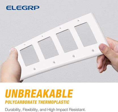 ELEGRP 4-Gang Decorative Wall Plates, Standard Size Unbreakable Thermoplastic Faceplate Cover for Decorator Receptacle Outlet Switch, UL Listed (1 Pack, Glossy White)