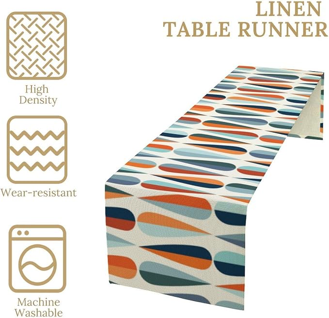 Mid Century Modern Table Runner Retro Blue Orange Grey Water Droplets Geometric - Image 4