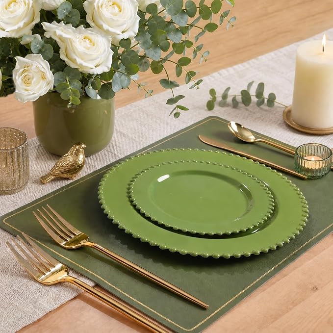 U-QE 60PCS Olive Green Plastic Plates, Beaded Plates Disposable Heavy Duty | - Image 7