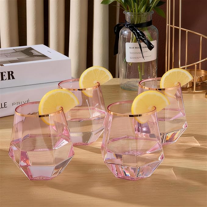 Goodluck 40PCS 12oz Diamond Plastic Pink Wine Whiskey Glasses Rose Gold Rim | - Image 6