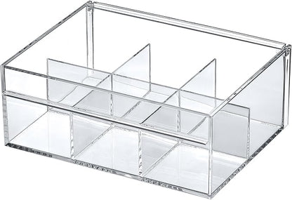 Amazing Abby - Tea-Rrific - Acrylic 6-Compartment Tea Bag Organizer, Clear Plastic Tea Box, 6-Slot Tea Chest, Perfect Tea Storage Solution for Kitchen Cabinet, Countertop, Pantry, and More