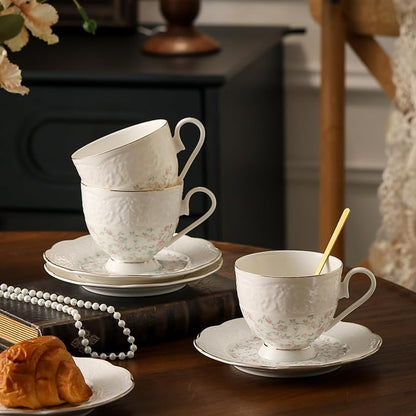 TATSUMI Interglio Embossed Bone China Tea Cup and Saucer Set, 3 Pieces Vintage - Image 8