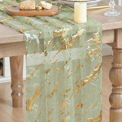Artoid Mode Marble Pattern Sage Green Gauze Table Runner 10FT, Glitter Metallic by ArtoidMode