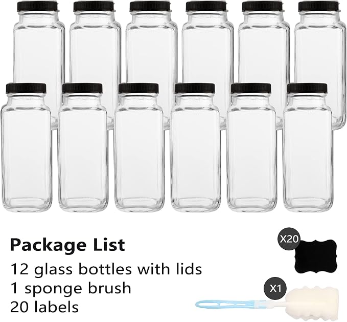 GUANENA 12 Pack Glass Drink Bottles, 8.5 OZ Vintage Square Water Bottles - Image 7