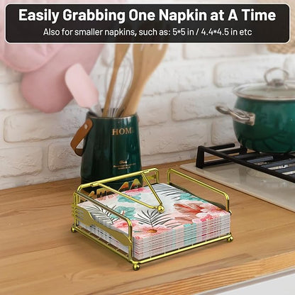 Napkin Holder for Table, Flat Napkin Dispenser with Weighted Arm, Square Cocktail Paper Holder of Elegant Rustic Iron for Kitchen Dining Room Decor Restaurant Farmhouse Hotel Party, Gold
