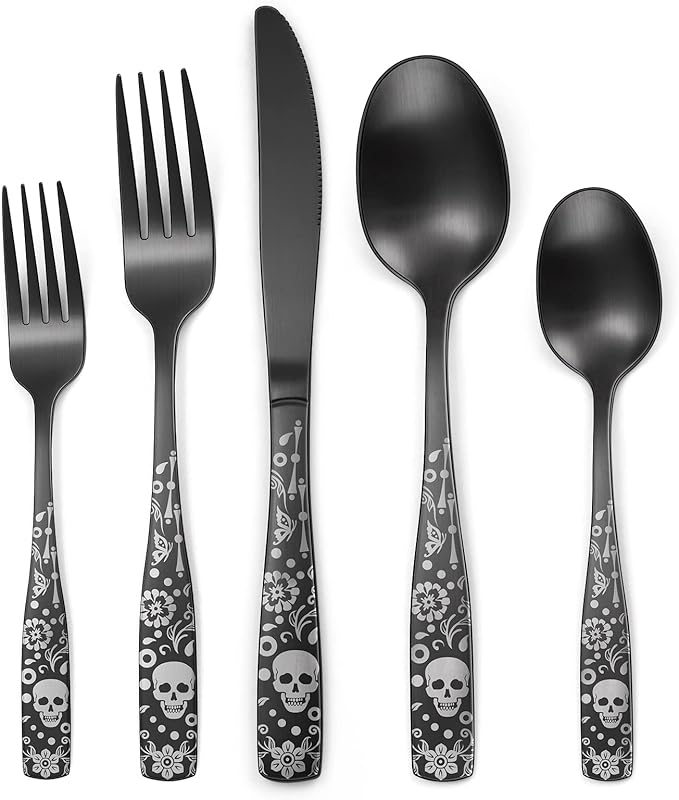Pattern Matte Silverware Set for 8, 40 Piece Gothic Black Flatware set by MetalServingUtensils