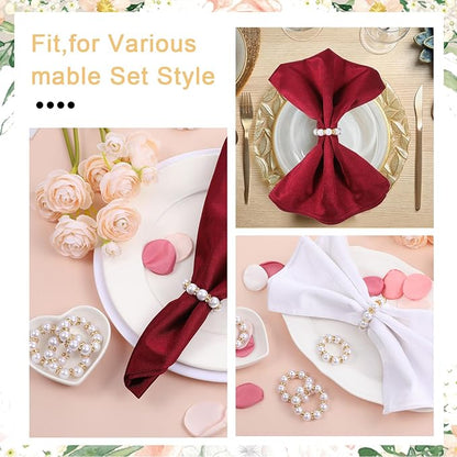 60Pcs Pearl Napkin Rings,Imitation Pearl Beaded Napkin Ring Holder,Serviette Napkins Rings Bulk for Wedding Reception Dinner Table Decor Banquet Home Party (White&Gold, 60Pcs)