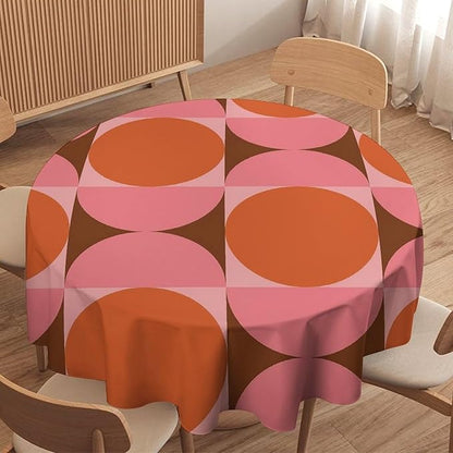 Mid Century Round Tablecloth, Abstract Retro 50s 60s Style Geometric Print Tablecloth for Home Party Dining Room Kitchen Decorm 70Inch(178cm)