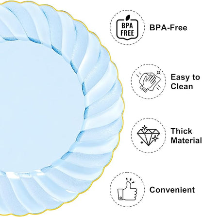 YOUBET 125PCS Clear Blue Gold Plastic Plates - Image 3