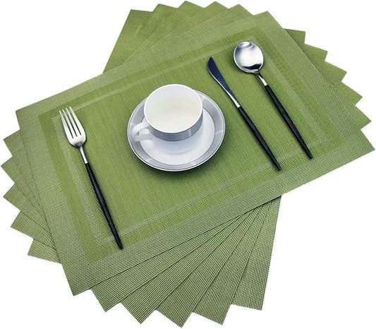 PIGCHCY Heat Insulation Non Slip Plastic Placemats,Washable Easy to Clean Woven Vinyl Kitchen Stain Resistant Placemats for Dining Table Set of 6 (Olive Green)