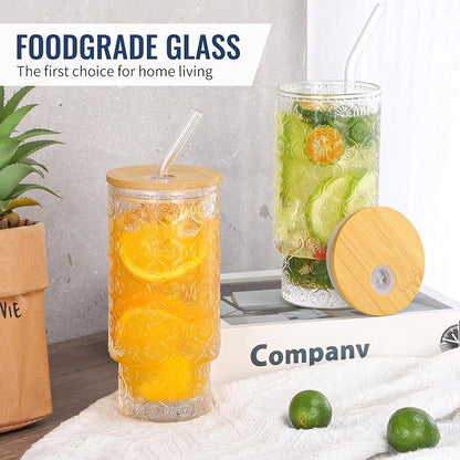 16 Oz Glass Cups Set of 2, Vintage Embossed Floral Glass Tumbler, Iced Coffee - Image 6