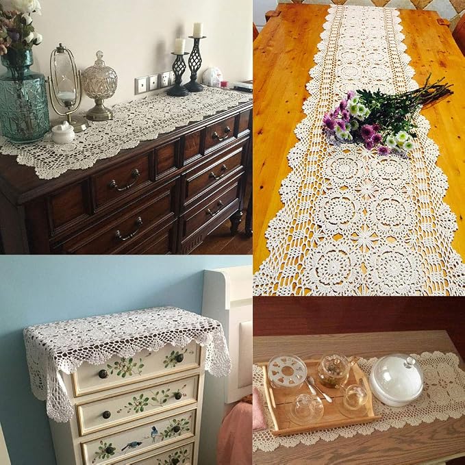 Cotton Handmade Crochet Lace Table Runner Beige Rectangle Coffee Table Dresser - Image 3