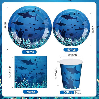 200 Pieces Party Supplies Tableware Set Patterns Printed Plates Napkins Cups Table Decorations for Baby Shower Birthday Party (Sea Style)