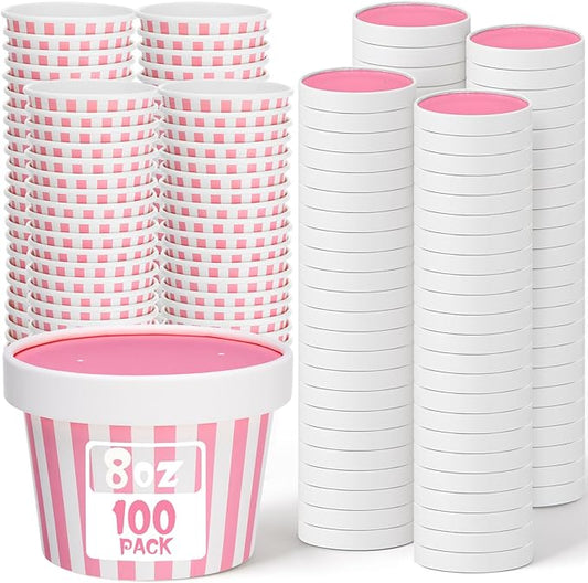 Fulmoon 100 Pack Paper Soup Containers with Lids Disposable Paper Food Containers with Vented Lid Kraft Ice Cream Cake Dessert Cups Soup Bowl for Party Hot Food Fruit Microwave(8 oz,Pink)