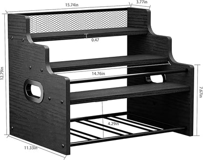 KLM 4-Tier Wood Display Shelf, Black Modern Bottle Organizer, Countertop Bar Stand for Liquor, Coffee Syrup, (Black)