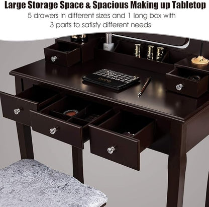 DORTALA Vanity Table Set w/ 360-Degree Rectangular Mirror & Cushioned Stool, Makeup Table w/ 10 LED Dimmable Bulbs, Bedroom Wood Dressing Table w/ 5 Drawers & Removable Box Organizer, Brown