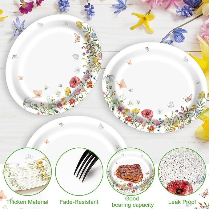 Floral Oval Paper Plates 10’’x 12’’, Large Disposable Heavy Duty Oval Paper Plates Dinner Size for Birthday Wedding Bridal Baby Shower Tea Party Supplies, 50 Guests