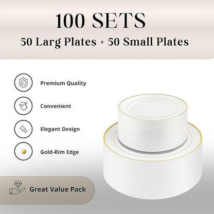 Neatiffy100 Pcs Gold Rim Plastic Dinnerware Set (50 Guest) | 50 x (Dinner Plate, Dessert Plate) | For Wedding, Luxurious Party, Special Event