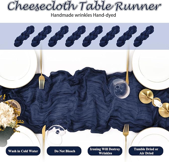 8 Pack Navy Blue Cheesecloth Table Runner 10FT Long Boho Gauze Fabric Table - Image 4