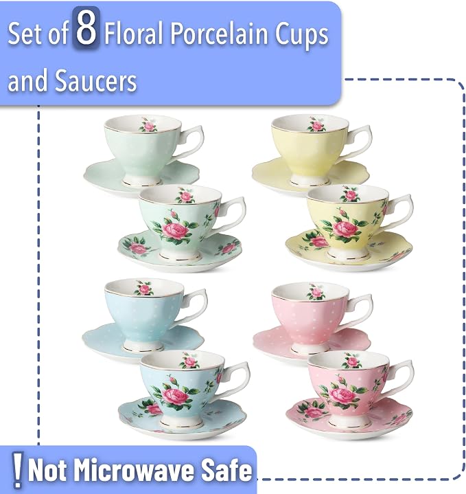 BTaT- Floral Tea Cups and Saucers, 8 oz | Fine Porcelain Teacup Set Gold Trim - Image 2