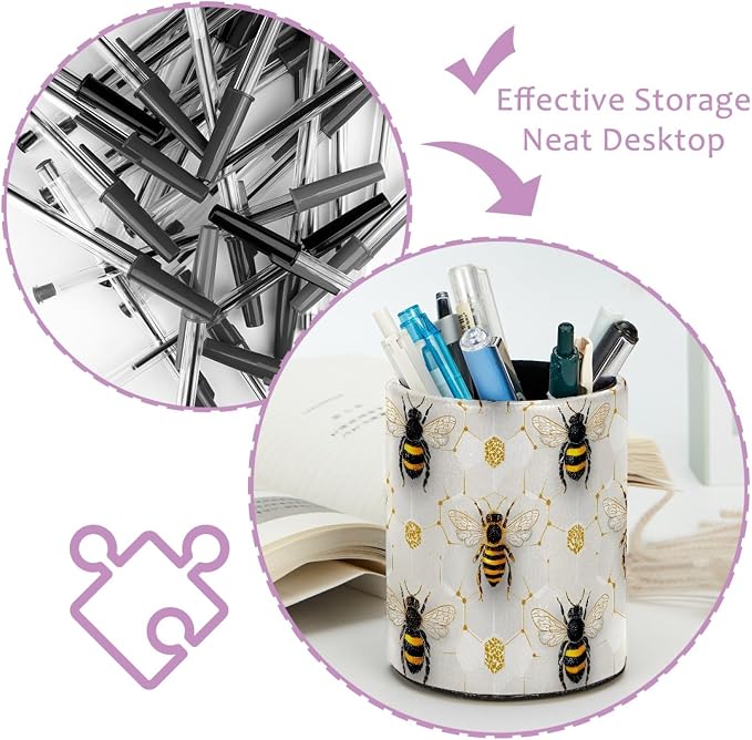 Leather Pen Holder for Desk, Honeycomb Bee Pencil Cup Pen Organizer Makeup - Image 4