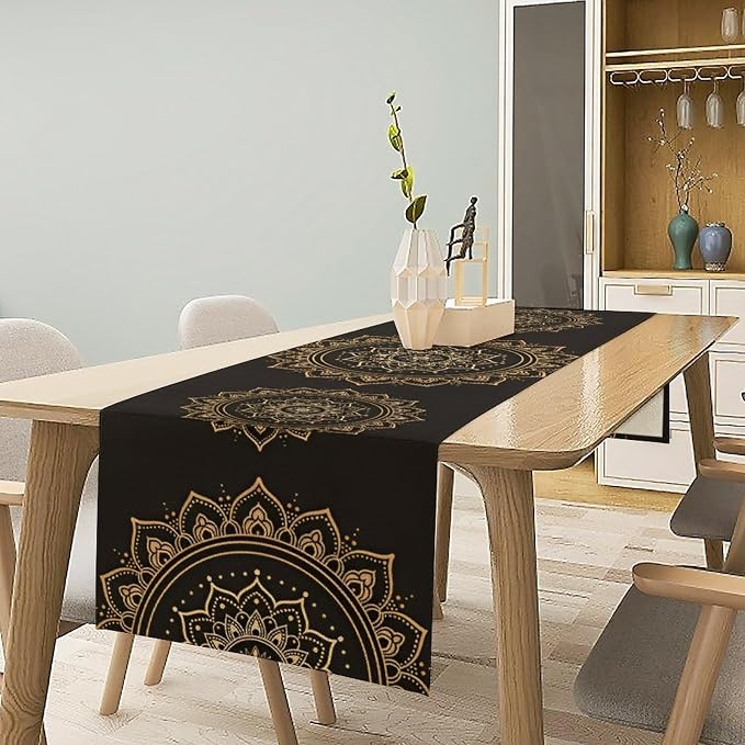 Golden Mandala Table Runner, Traditional Indian Gold Black Flower Vintage - Image 2