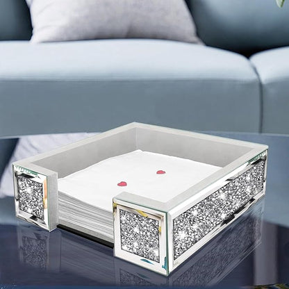 Wocred Flat Mirror Napkin Holder for Bathroom Vanity,Crystal Crushed Diamond Guest Towel Holder,Cute Napkin Tray for Kitchen,Dining table,Guest Bathroom.(8.1”X8.1”X2.6”)