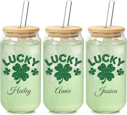 Mason Life St Patrick's Day Personalized Glass Tumbler, 18 OZ Cute Glass Cup with Lid and Straw, Lucky Clover Beer Can Glass, Personalized St.Patrick's Day Gift for Women Girls