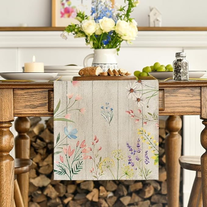 Artoid Mode Wood Flowers Floral Spring Table Runner, Seasonal Summer Kitchen - Image 3