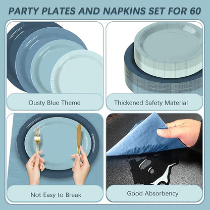 180Pcs Blue Paper Plates Party Supplies Paper Plates and Napkins Serve 60 | - Image 3