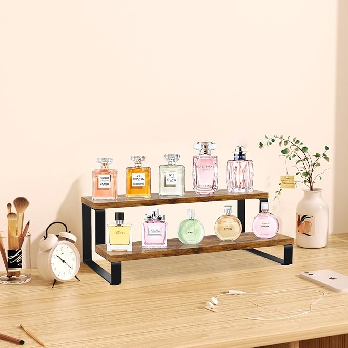 ELITEROO Wooden Display Riser Stand, Tiered Perfume and Cologne Organizer Stand, 2 Tier Rustic Display Shelf for Party,Makeup,Figures,Cupcake,Perfume,Dessert,Candles
