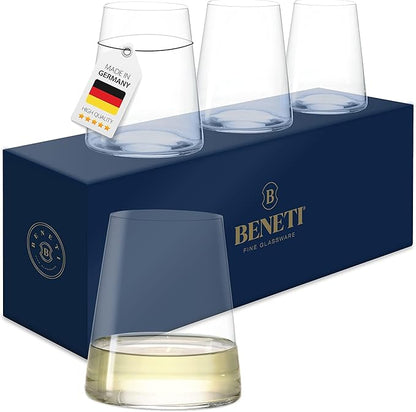 BENETI German Made Stemless Wine Glasses set 4 | Premium 17oz Stemless Wine Glass | Crystal Glass Cups For Red & White Wine, Modern Durable Drinking Glasses, Gift Idea for Men or Women