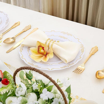 DaYammi 150Pcs White Gold Plastic Plates & Plastic Silverware, Gold Disposable Plates for Party Include 30 Dinner Plate, 30 Dessert Plate, 30 Knives, 30 Forks, 30 Spoons for Party Wedding