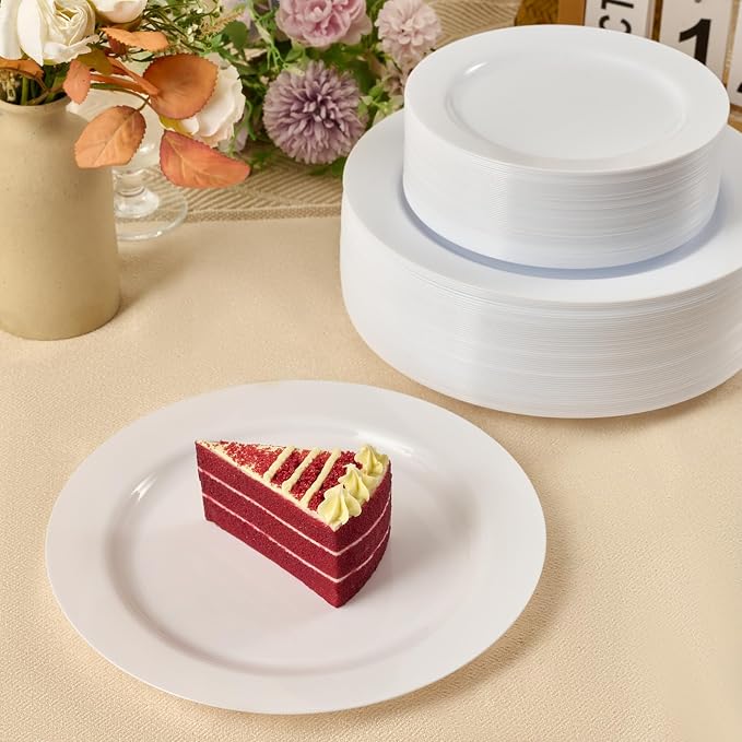 FOCUSLINE 100 Count White Plastic Plates 10 Inch, Disposable Heavy Duty Dinner - Image 7