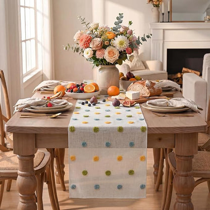 Artoid Mode Yellow Blue Green Pom Pom Tulle Table Runner, Seasonal Washable - Image 2
