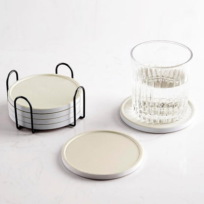 Set of 6 Beige Coasters with Holder, Absorbent Ceramic Drink Coasters with Cork by Hoomey