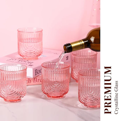 Pink Vintage Drinking Glasses Set of 6-15oz Hand-Blown Highball Ribbed Glassware - Image 5