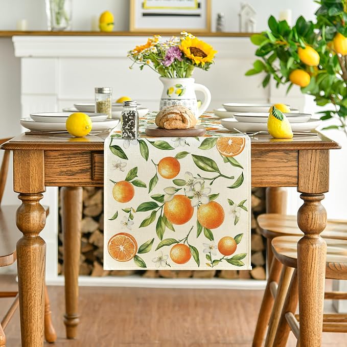 Artoid Mode Orange Wildflowers Leaves Summer Table Runner, Seasonal Spring - Image 2