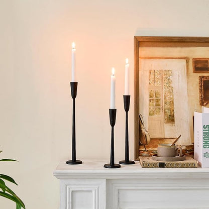 Cast Iron Taper Candle Holder Set of 3, Heavyweight Tall Candlestick Holders, for Fireplace Mantle & Dining Table, Versatile Decor for Wedding, Holiday, Home & Christmas (Black)
