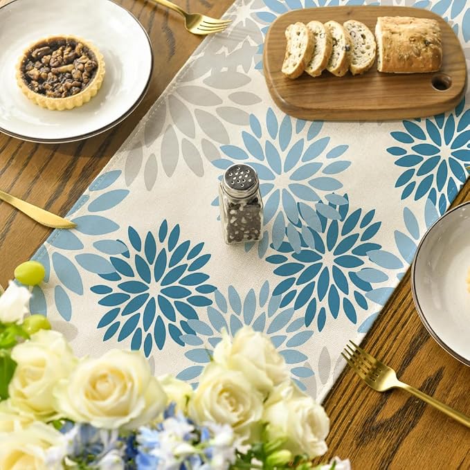 Artoid Mode Light Blue Dahlia Floral Pinnata Summer Table Runner, Seasonal - Image 4