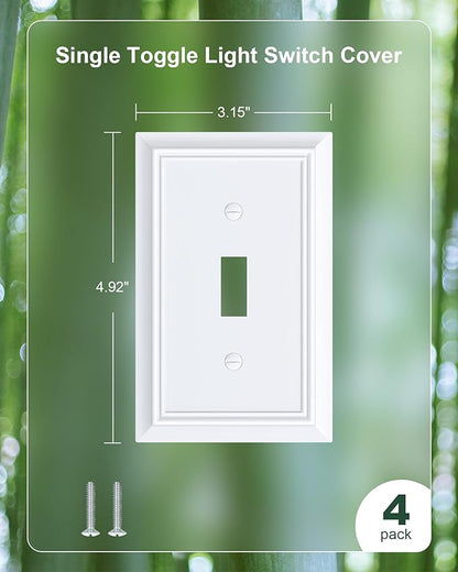 4-Pack Single Toggle Light Switch Cover Plate, Durable Natural Bamboo Fiber Decorative Switch Plate Covers, Pure White 1 Gang Wall Plate, Corrosion Resistant