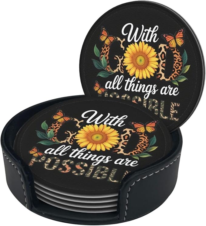 Jesus Christian Cross Coasters for Drinks Set of 6, Round Leather Coaster - Image 3