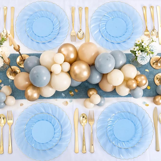 YOUBET 125PCS Clear Blue Gold Plastic Plates - Image 6